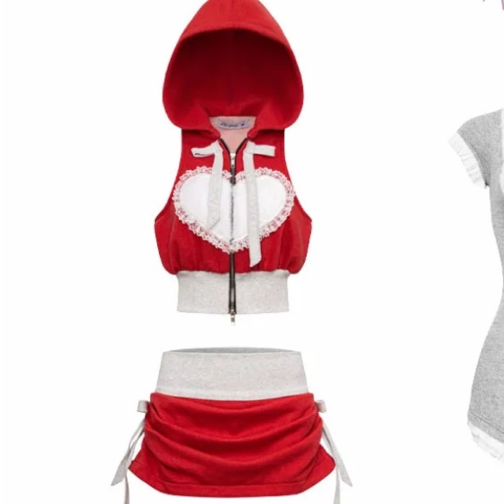 Mangata Vietnamese Style Clothing Red and White Women's Hooded Skirt Set Small